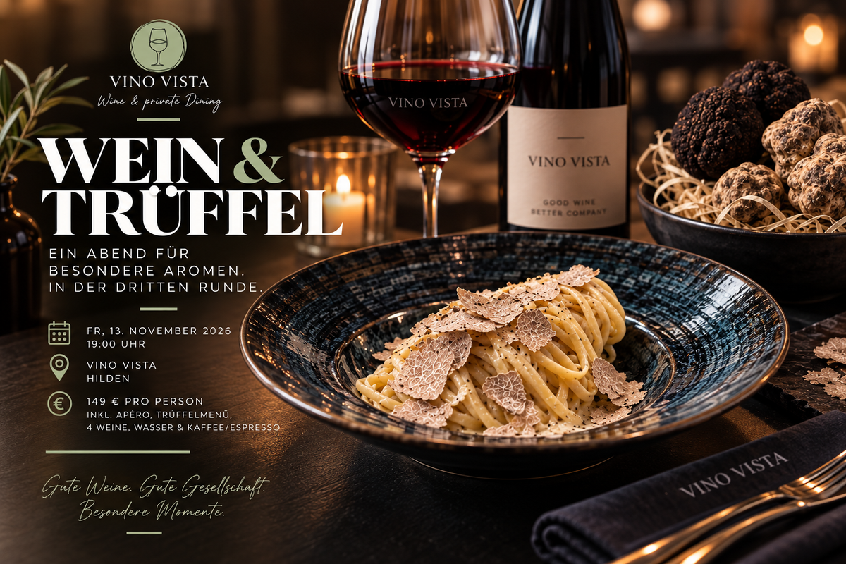 Tagliolini mit gehobeltem weißem Trüffel, Rotweinglas und Schale mit frischen Trüffeln – Ankündigung Wein & Trüffel am 13.11.2026 bei Vino Vista Hilden (KI-generiert)