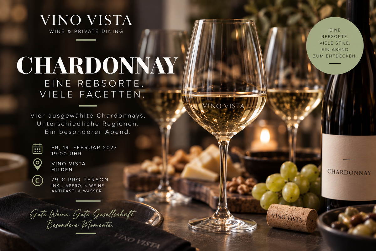 Drei Weißweingläser mit Chardonnay, dazu Käse, Nüsse und Weintrauben – Ankündigung Chardonnay Tasting am 19.02.2027 bei Vino Vista Hilden (KI-generiert)