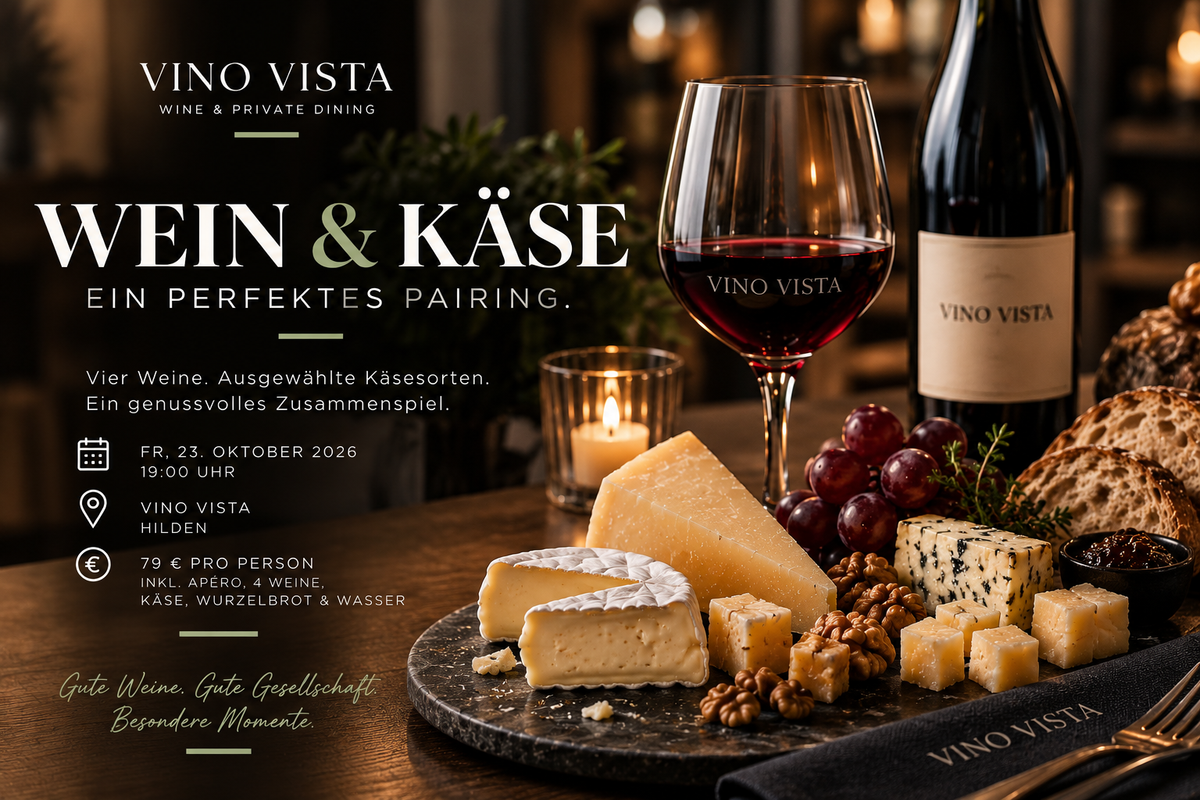 Käseplatte mit Brie, Hartkäse, Blauschimmel und Walnüssen, dazu ein Glas Rotwein und Brot – Ankündigung Wein & Käse am 23.10.2026 bei Vino Vista Hilden (KI-generiert)