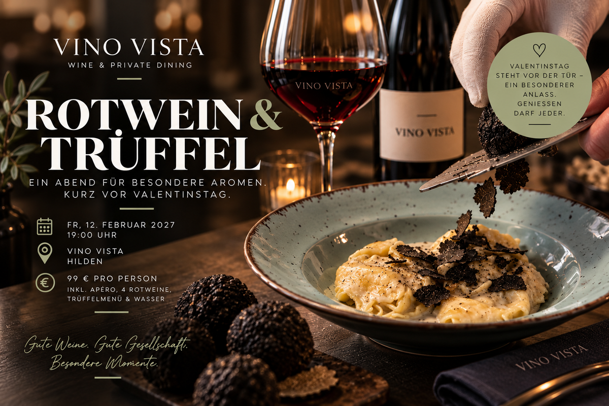 Pasta mit frisch gehobeltem schwarzem Trüffel, Rotweinglas und Trüffeln auf dem Tisch – Ankündigung Rotwein & Trüffel kurz vor Valentinstag am 12.02.2027 bei Vino Vista Hilden (KI-generiert)