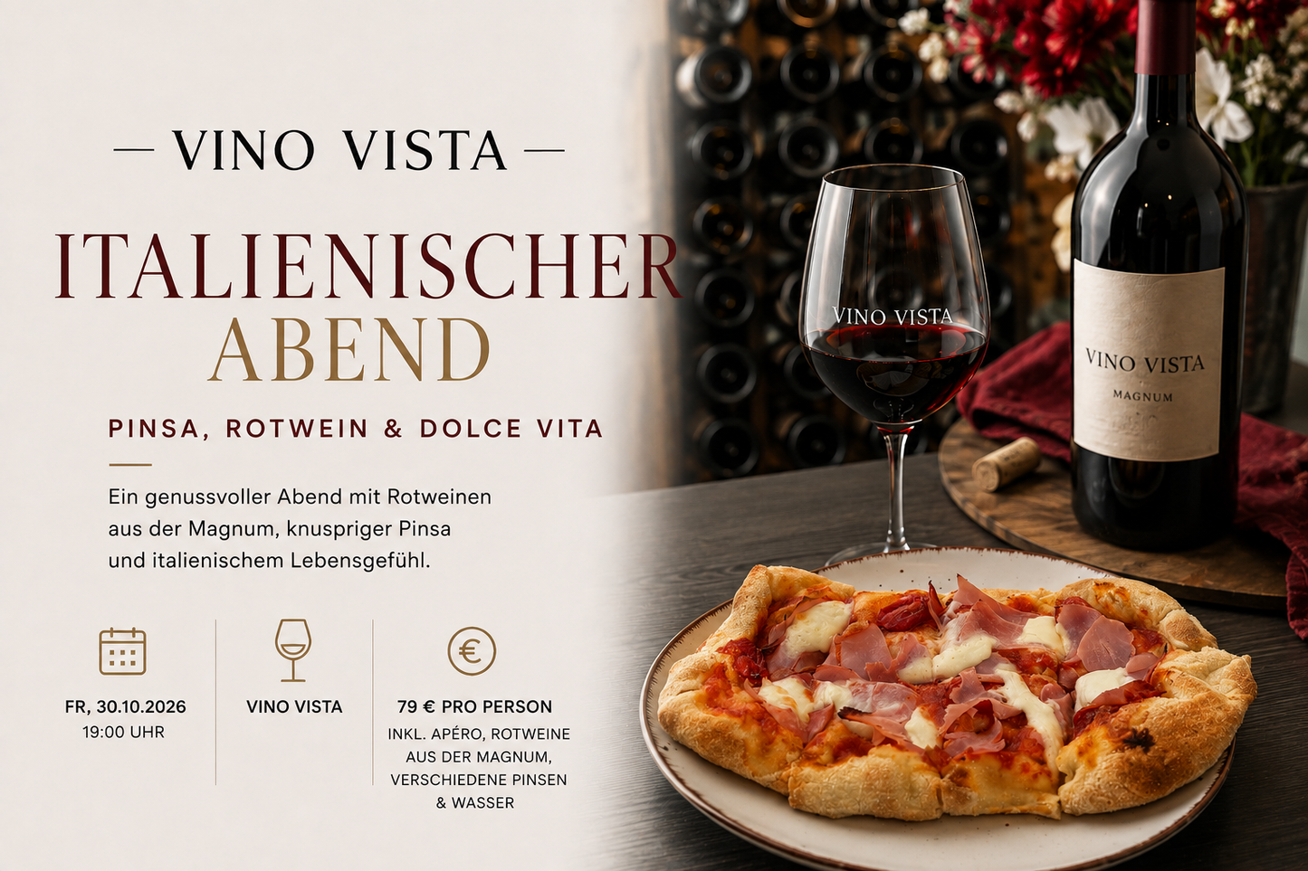 30.10.26 - Italienischer Abend - Rotwein. Pinsa. Dolce Vita (KI-generiert)