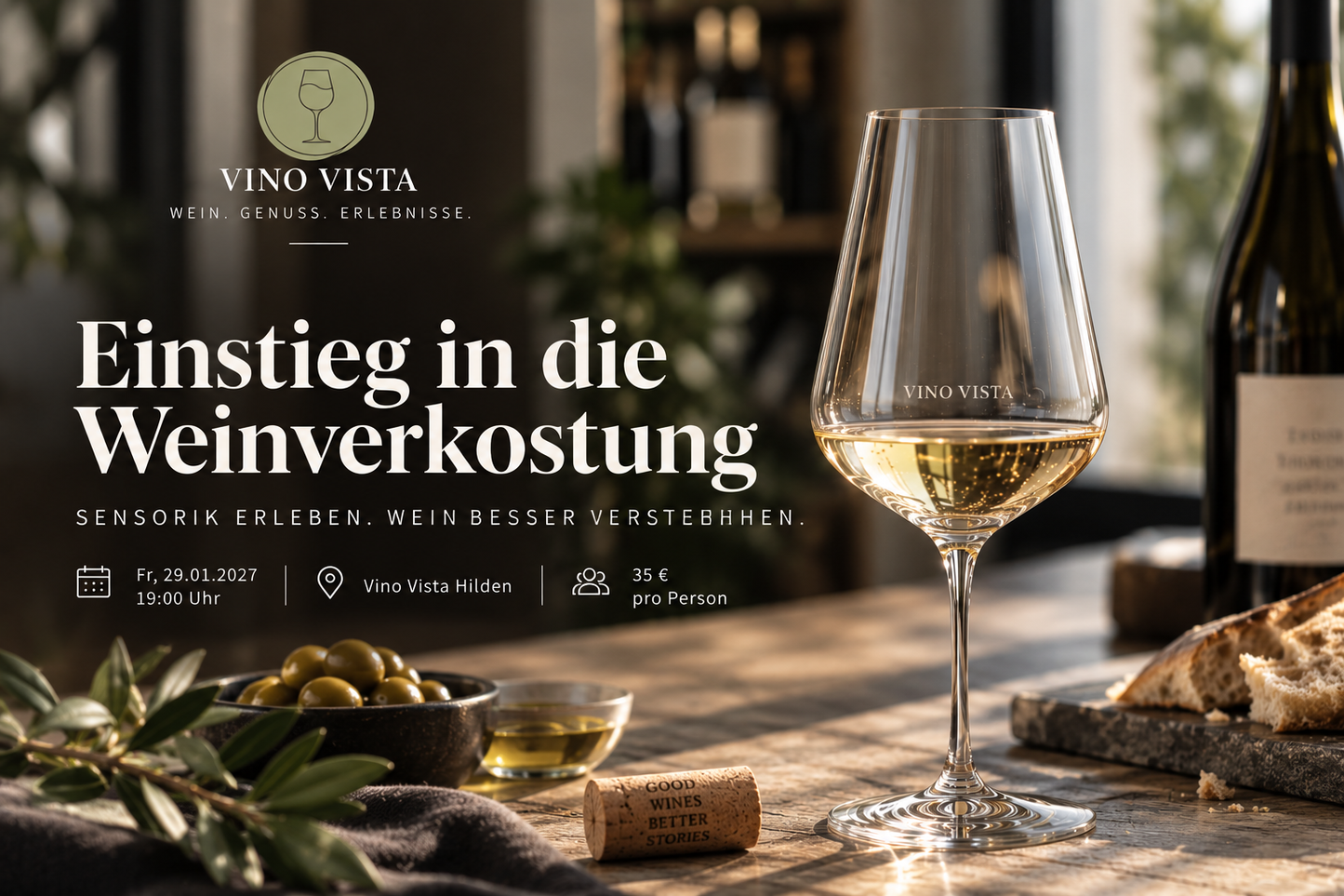 Weißweinglas mit Oliven, Olivenöl und Brot auf Holztisch – Ankündigung Einstieg in die Weinverkostung am 29.01.2027 in Hilden (KI-generiert)