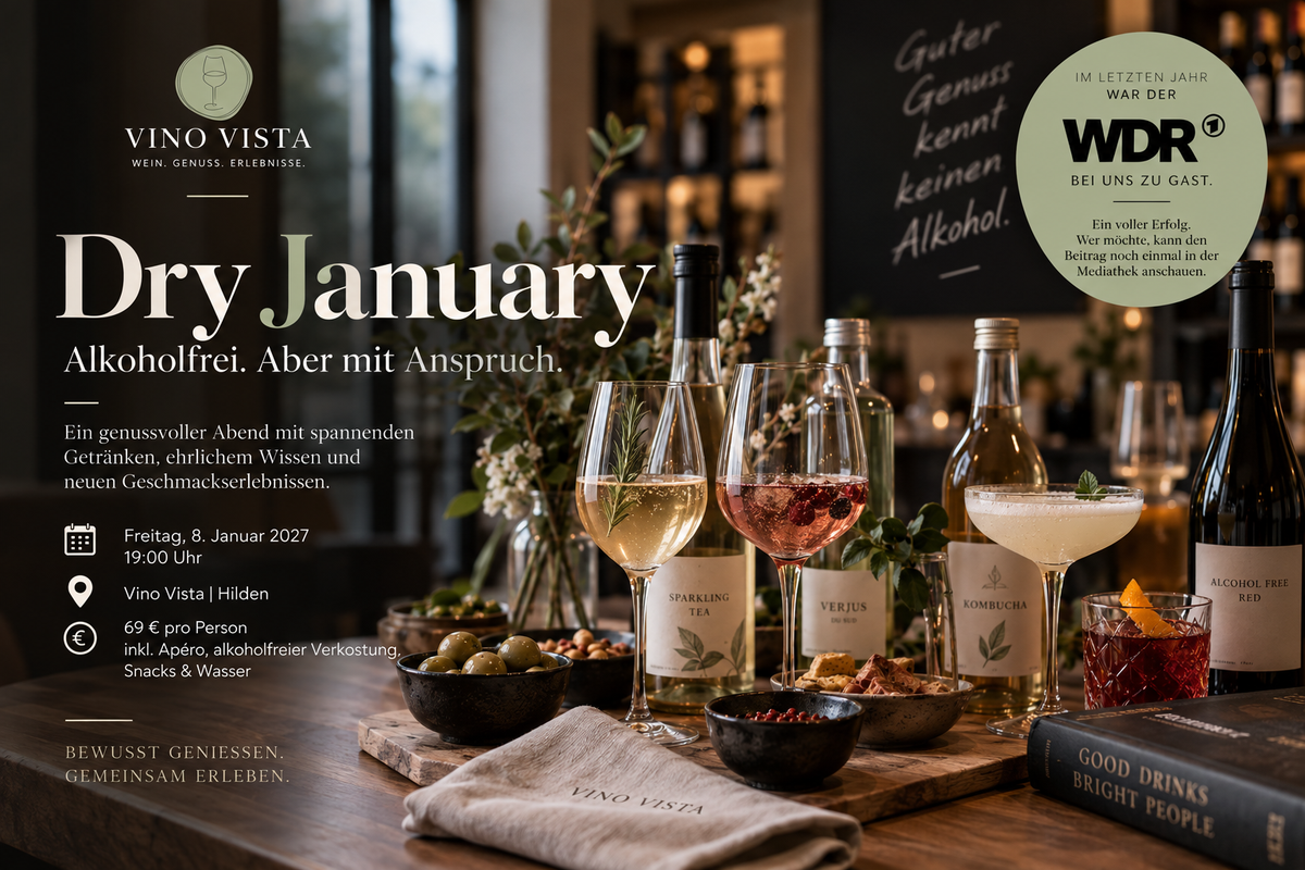 Alkoholfreie Getränke in Gläsern – Sparkling Tea, Verjus, Kombucha und alkoholfreier Rotwein – Ankündigung Dry January am 08.01.2027 bei Vino Vista Hilden (KI-generiert)