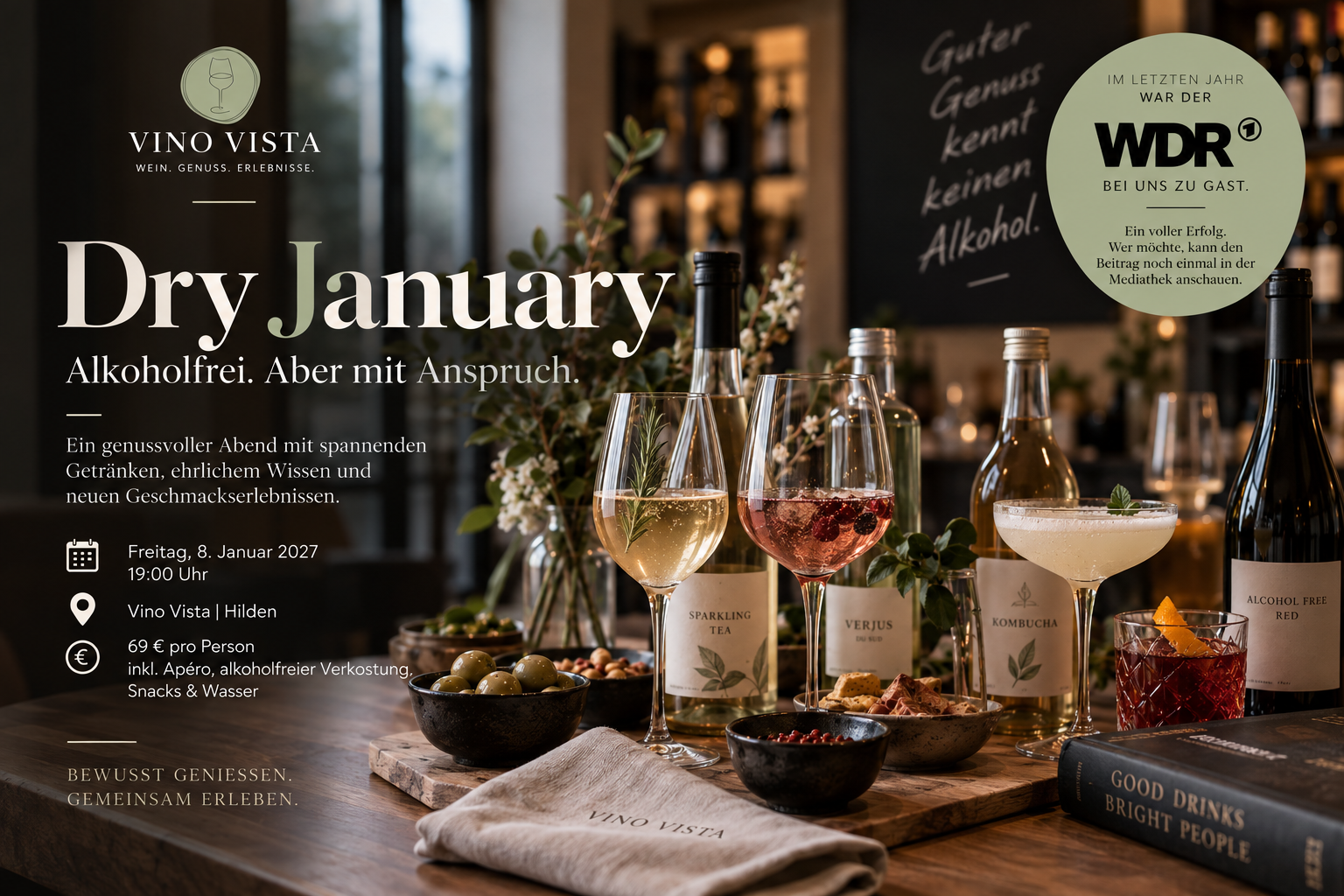 Alkoholfreie Getränke in Gläsern – Sparkling Tea, Verjus, Kombucha und alkoholfreier Rotwein – Ankündigung Dry January am 08.01.2027 bei Vino Vista Hilden (KI-generiert)