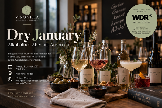 Alkoholfreie Getränke in Gläsern – Sparkling Tea, Verjus, Kombucha und alkoholfreier Rotwein – Ankündigung Dry January am 08.01.2027 bei Vino Vista Hilden (KI-generiert)