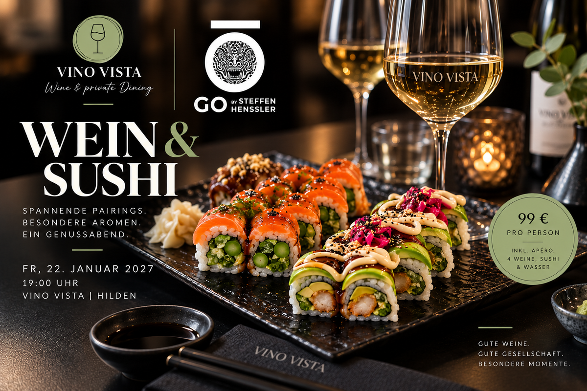 Sushi-Platte mit zwei Weißweingläsern auf dunklem Tisch – Ankündigung Wein & Sushi mit GO by Steffen Henssler am 22.01.2027 bei Vino Vista Hilden (KI-generiert)