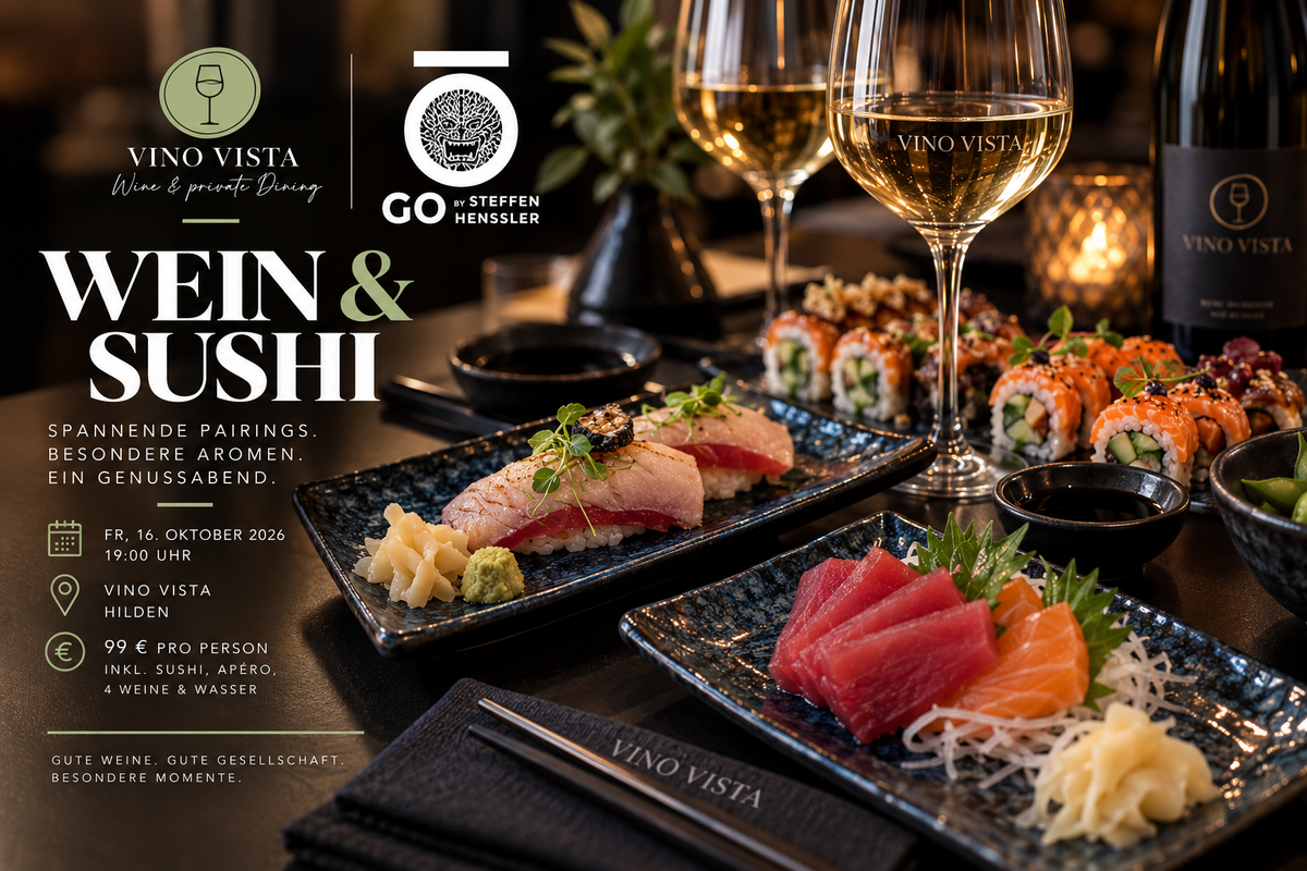 Sushi- und Sashimi-Platten mit zwei Weißweingläsern auf dunklem Tisch – Ankündigung Wein & Sushi am 16.10.2026 bei Vino Vista Hilden (KI-generiert)