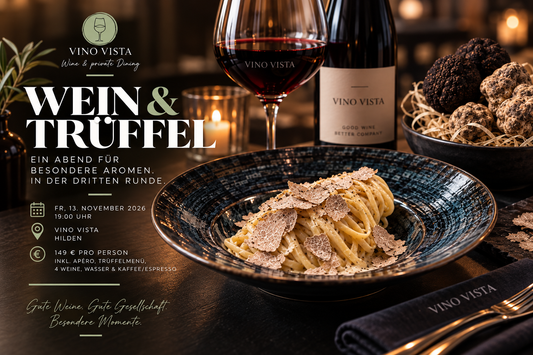 Tagliolini mit gehobeltem weißem Trüffel, Rotweinglas und Schale mit frischen Trüffeln – Ankündigung Wein & Trüffel am 13.11.2026 bei Vino Vista Hilden (KI-generiert)